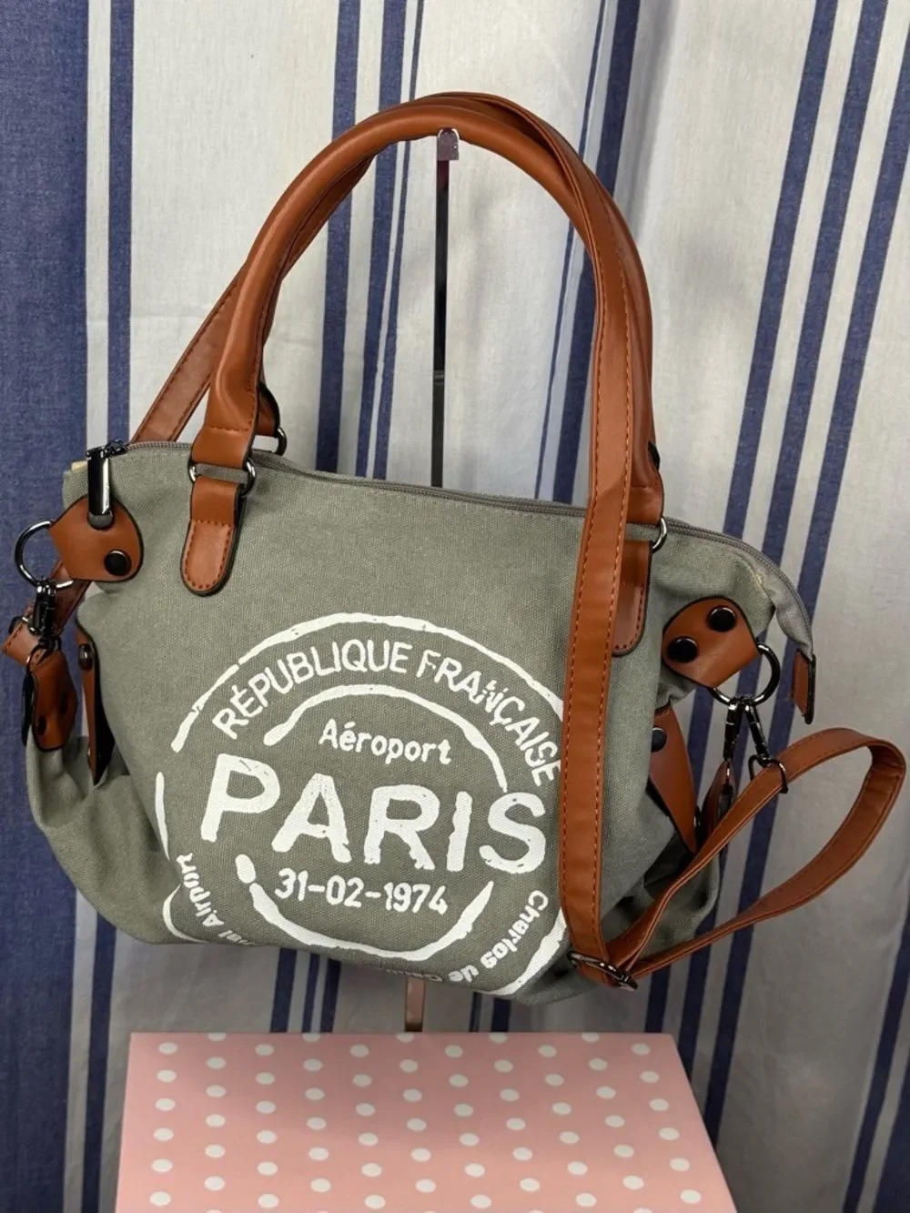 Paris Republique Gray Stamped Canvas Messenger Bag with White Stamp